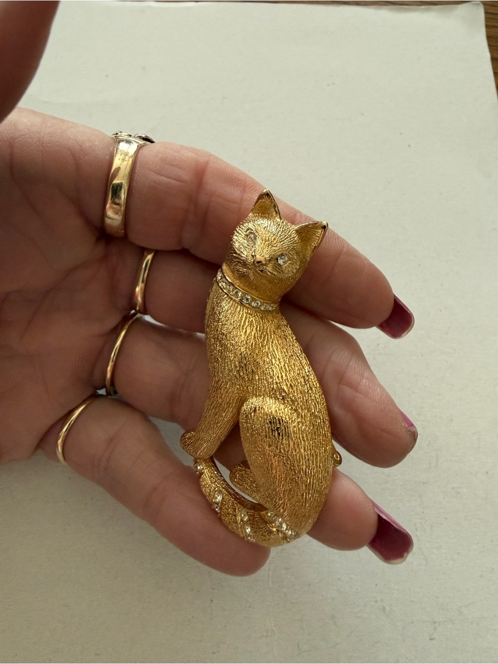 CHRISTIAN DIOR Vintage Kitty CAT Brooch Pin Rhinestone Collar & Tail